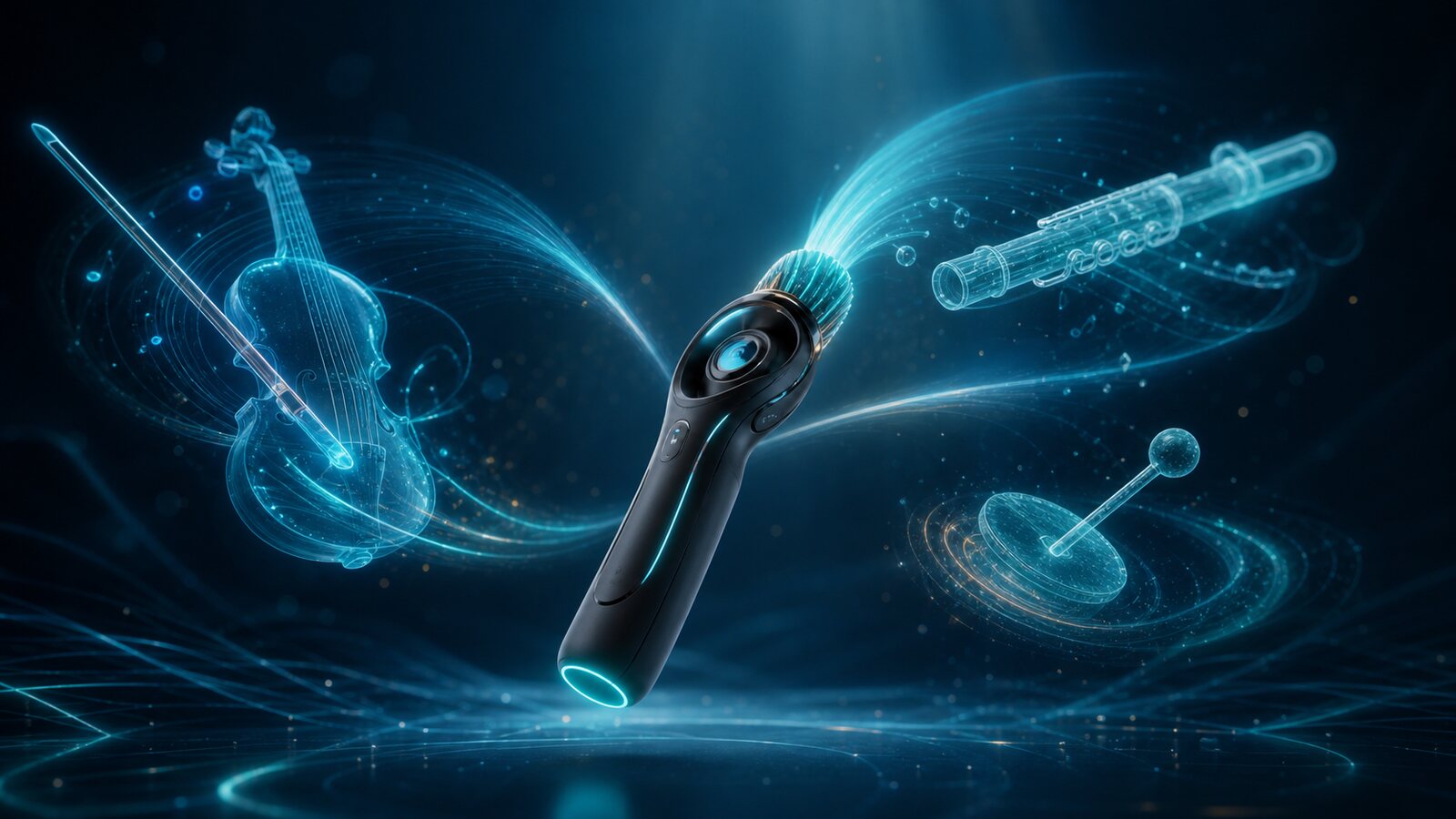 Jambot Brush concept showing a controller transforming into virtual instruments.